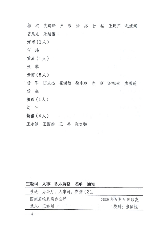 國家質量監督檢驗檢疫總局《關于公布2008年度珠寶玉石質量檢驗師執業資格考試合格人員名單的通知》