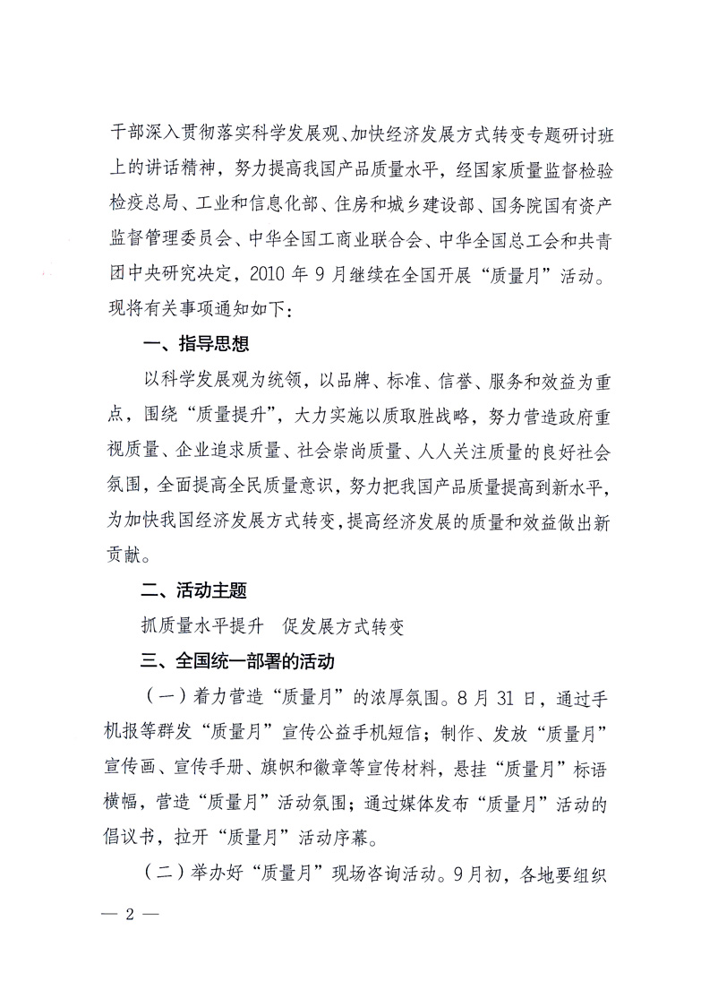 國家質量監督檢驗檢疫總局、工業和信息化部、住房和城鄉建設部、國務院國有資產監督管理委員會、中華全國工商業聯合會、中華全國總工會、共青團中央《關于開展2010年全國“質量月”活動的通知》
